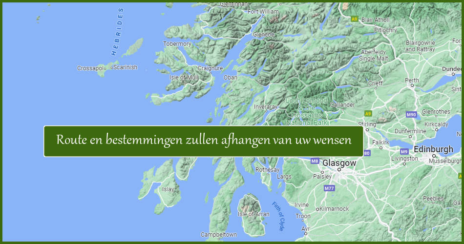 kaart van rondreis door Argyll en de Western Highlands in Schotland