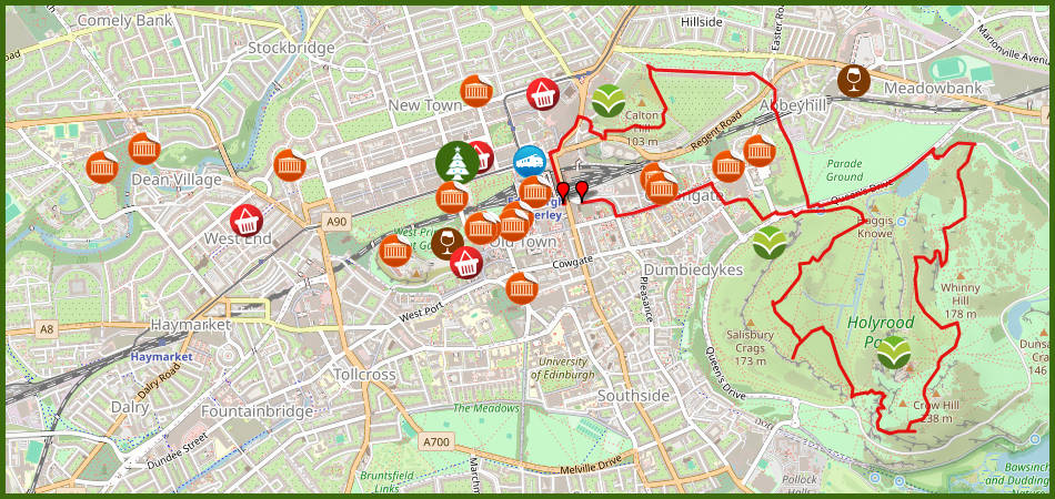 kaart van de route naar Arthur's Seat en Calton Hill